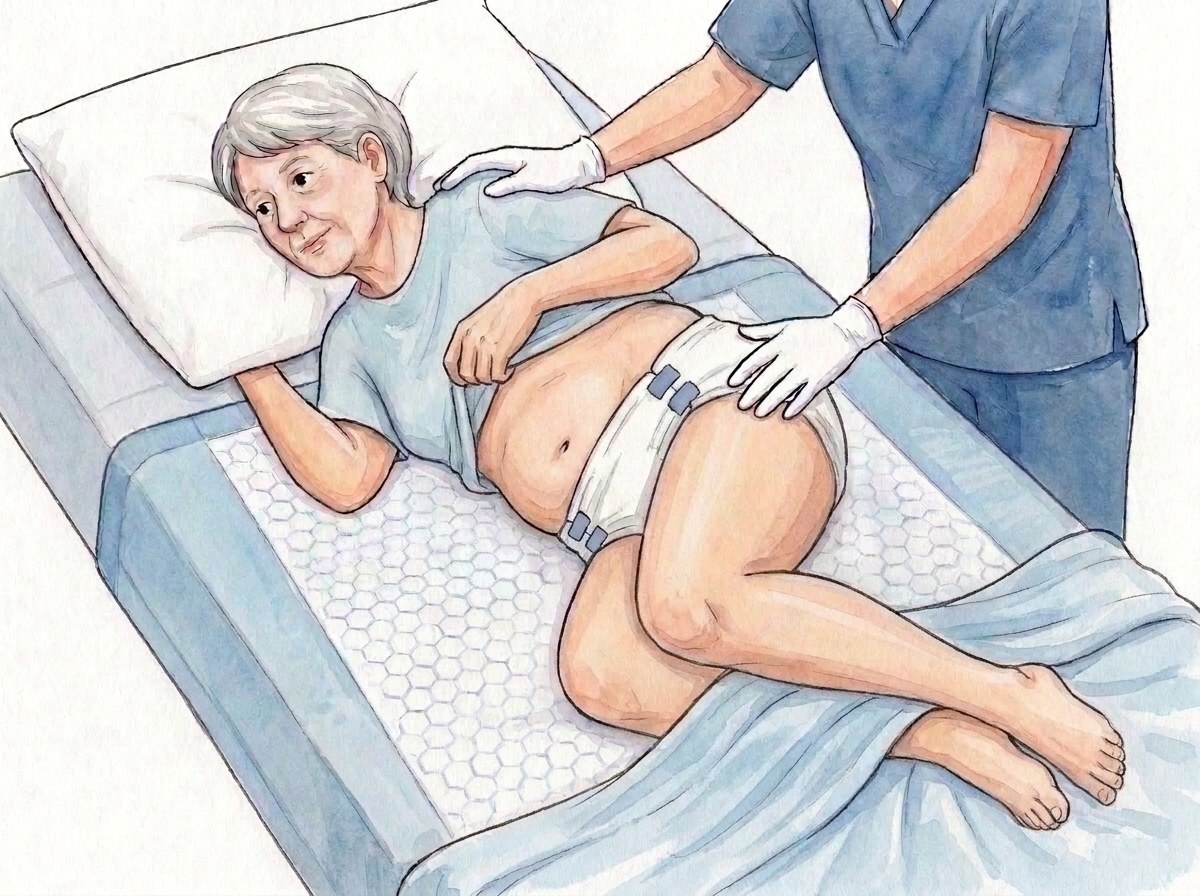 2. Draai de persoon op de zij, naar u toe: één hand op de schouder, één op de heup